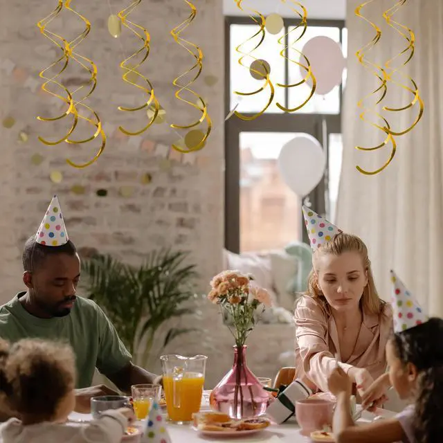 Alt view image 3 of 7 - 30 Pieces Gold Hanging Swirl Decorations | Plastic Streamer Party Swirl Spiral Decorations for Ceiling, Wedding Baby Shower Birthday Party Supply