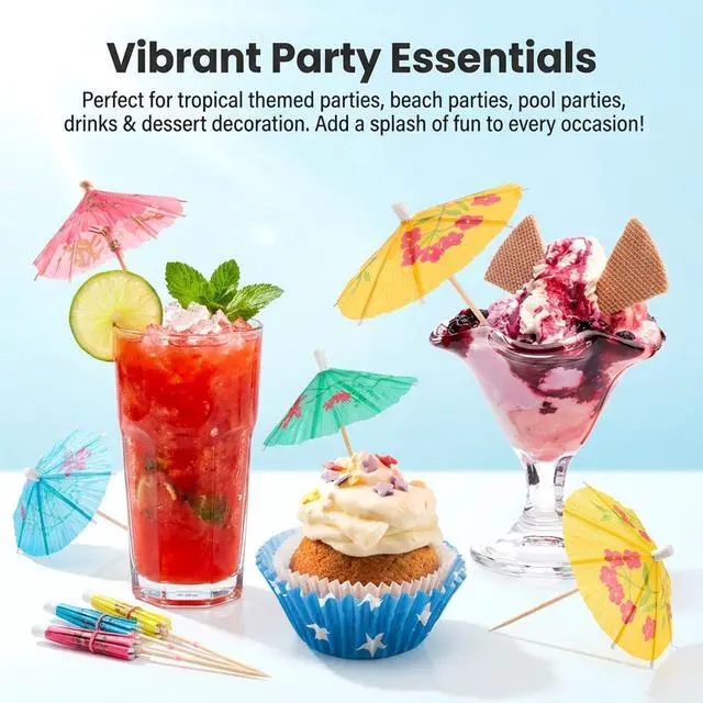 Alt view image 2 of 7 - Drink Umbrellas Cocktail Umbrellas - 50PCS Mini Paper Umbrellas | Umbrella Toothpicks for Cocktails, Colorful Cupcake Toppers, Decorations for Hawaiian Tropical Luau Party, Summer Pool Party