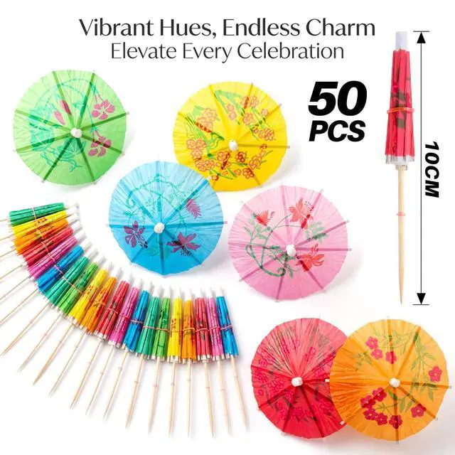 Alt view image 6 of 7 - Drink Umbrellas Cocktail Umbrellas - 50PCS Mini Paper Umbrellas | Umbrella Toothpicks for Cocktails, Colorful Cupcake Toppers, Decorations for Hawaiian Tropical Luau Party, Summer Pool Party