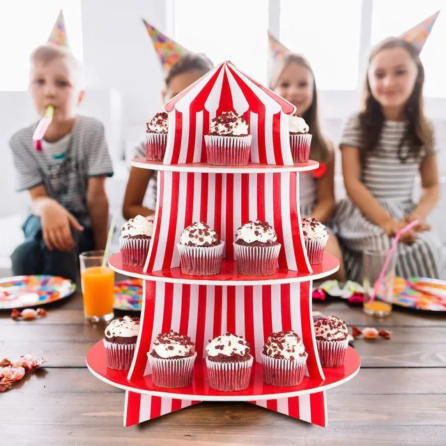 Alt view image 3 of 7 - 3 Tier Cupcake Foam Stand with Circus Carnival Tent Design for Desserts, Birthdays, Decorations