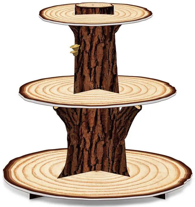 Main image of Wooden 3Tier Cupcake Stand Birthday Party Decorations | Rustic wood tree cupcake toppers, camping cupcake holder, woodland baby shower dessert tower table decoration supplies