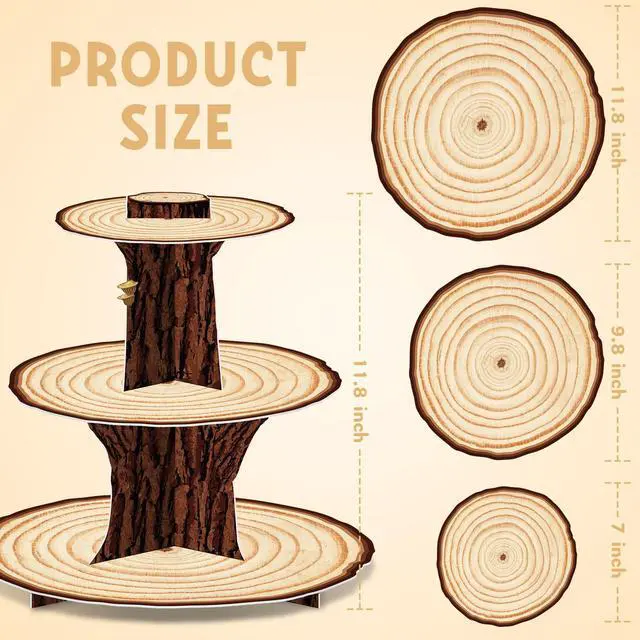 Alt view image 2 of 7 - Wooden 3Tier Cupcake Stand Birthday Party Decorations | Rustic wood tree cupcake toppers, camping cupcake holder, woodland baby shower dessert tower table decoration supplies