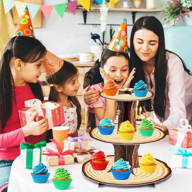 Alt view image 3 of 7 - Wooden 3Tier Cupcake Stand Birthday Party Decorations | Rustic wood tree cupcake toppers, camping cupcake holder, woodland baby shower dessert tower table decoration supplies
