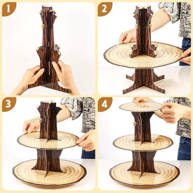 Alt view image 4 of 7 - Wooden 3Tier Cupcake Stand Birthday Party Decorations | Rustic wood tree cupcake toppers, camping cupcake holder, woodland baby shower dessert tower table decoration supplies