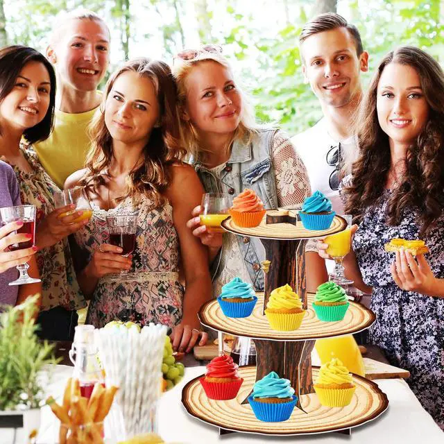 Alt view image 7 of 7 - Wooden 3Tier Cupcake Stand Birthday Party Decorations | Rustic wood tree cupcake toppers, camping cupcake holder, woodland baby shower dessert tower table decoration supplies