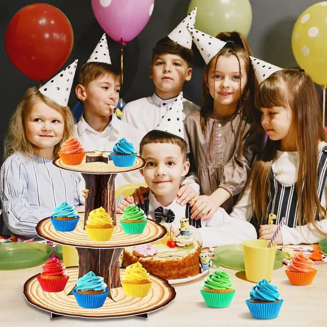 Alt view image 6 of 7 - Wooden 3Tier Cupcake Stand Birthday Party Decorations | Rustic wood tree cupcake toppers, camping cupcake holder, woodland baby shower dessert tower table decoration supplies