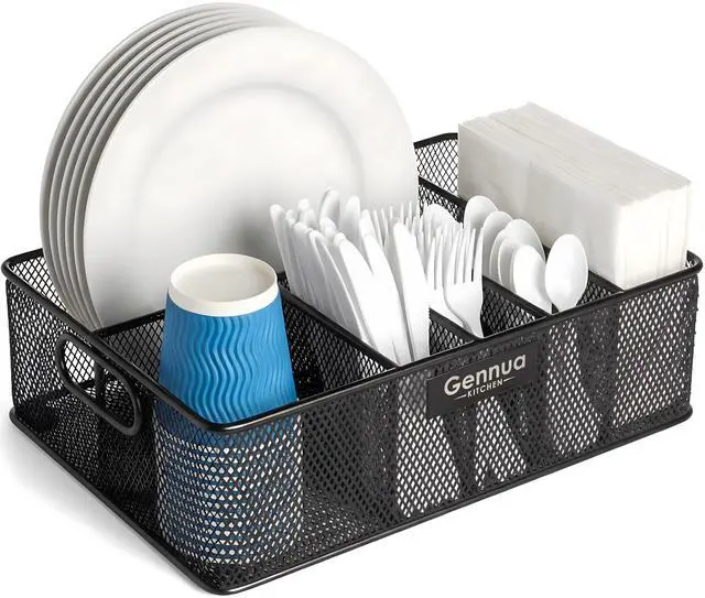 Main image of Paper Plate Organizer for Cabinet, Counter, Picnics, Parties & More, Extra Large Utensil Caddy Crafted of Thick Iron Mesh With 6 Compartments for Paper Plates & Plastic Silverware