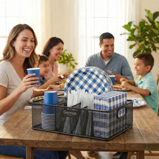 Alt view image 4 of 7 - Paper Plate Organizer for Cabinet, Counter, Picnics, Parties & More, Extra Large Utensil Caddy Crafted of Thick Iron Mesh With 6 Compartments for Paper Plates & Plastic Silverware