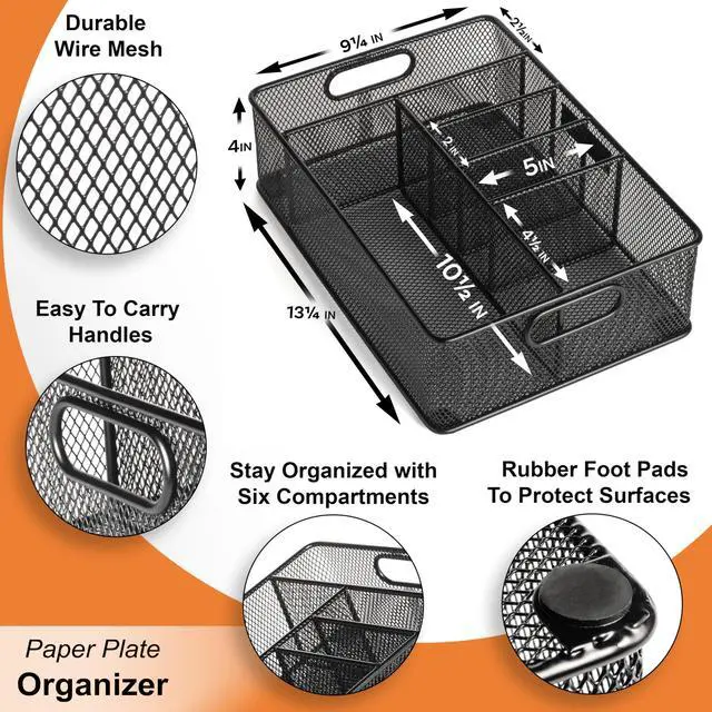 Alt view image 2 of 7 - Paper Plate Organizer for Cabinet, Counter, Picnics, Parties & More, Extra Large Utensil Caddy Crafted of Thick Iron Mesh With 6 Compartments for Paper Plates & Plastic Silverware