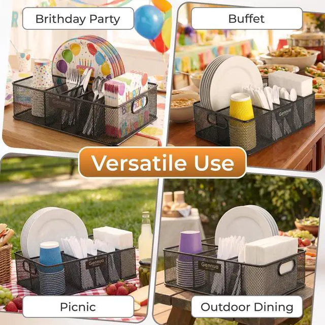 Alt view image 6 of 7 - Paper Plate Organizer for Cabinet, Counter, Picnics, Parties & More, Extra Large Utensil Caddy Crafted of Thick Iron Mesh With 6 Compartments for Paper Plates & Plastic Silverware