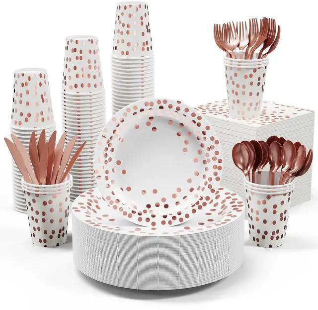 Main image of White & Rose Gold Paper Plates 350PCS Disposable Dinnerware Set | Party Supplies Paper Plate Napkins Cup, Gold Plastic Forks Knives Spoon for Graduation, Birthday, Thanksgiving&Cocktail Party