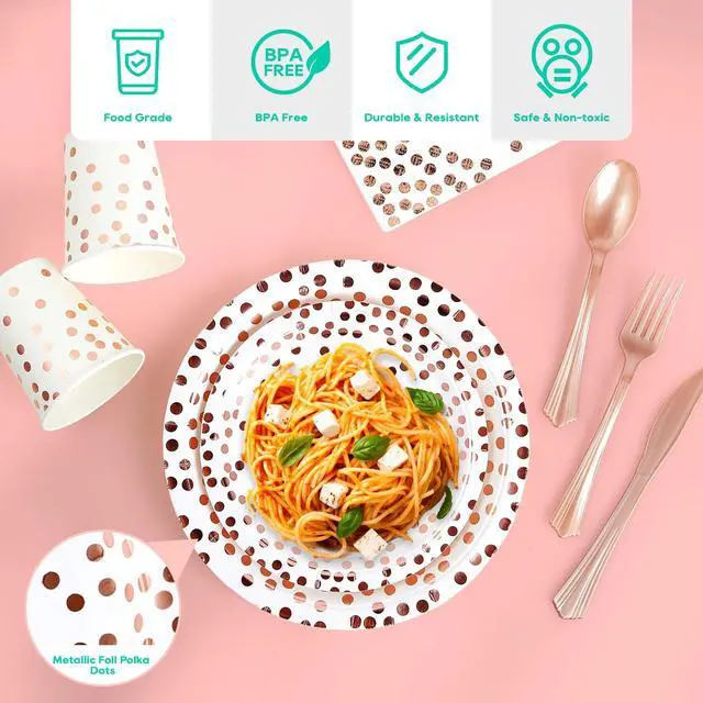 Alt view image 3 of 7 - White & Rose Gold Paper Plates 350PCS Disposable Dinnerware Set | Party Supplies Paper Plate Napkins Cup, Gold Plastic Forks Knives Spoon for Graduation, Birthday, Thanksgiving&Cocktail Party