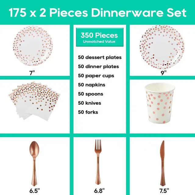 Alt view image 2 of 7 - White & Rose Gold Paper Plates 350PCS Disposable Dinnerware Set | Party Supplies Paper Plate Napkins Cup, Gold Plastic Forks Knives Spoon for Graduation, Birthday, Thanksgiving&Cocktail Party