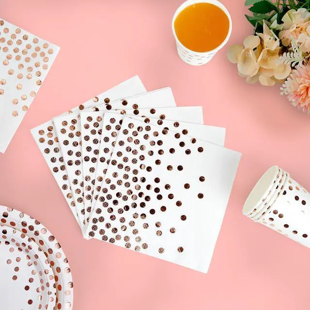 Alt view image 4 of 7 - White & Rose Gold Paper Plates 350PCS Disposable Dinnerware Set | Party Supplies Paper Plate Napkins Cup, Gold Plastic Forks Knives Spoon for Graduation, Birthday, Thanksgiving&Cocktail Party