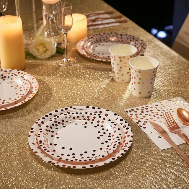 Alt view image 5 of 7 - White & Rose Gold Paper Plates 350PCS Disposable Dinnerware Set | Party Supplies Paper Plate Napkins Cup, Gold Plastic Forks Knives Spoon for Graduation, Birthday, Thanksgiving&Cocktail Party