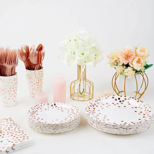 Alt view image 7 of 7 - White & Rose Gold Paper Plates 350PCS Disposable Dinnerware Set | Party Supplies Paper Plate Napkins Cup, Gold Plastic Forks Knives Spoon for Graduation, Birthday, Thanksgiving&Cocktail Party