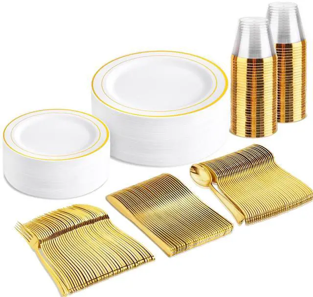 Main image of 150PCS Gold Plastic Dinnerware Set Disposable - Heavy Duty Gold Plates Include 25 Dinner & 25 Dessert Plates,25 Forks,25 Knives,25 Spoons&25 Cups for Party&Wedding