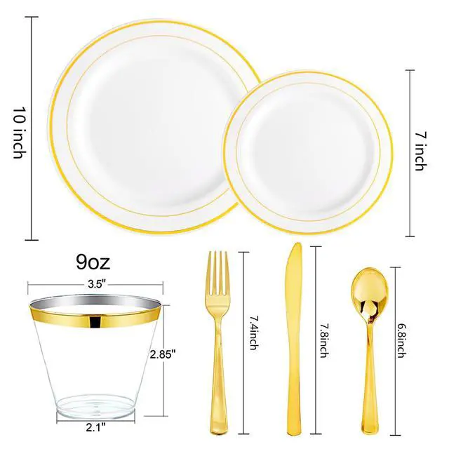 Alt view image 2 of 7 - 150PCS Gold Plastic Dinnerware Set Disposable - Heavy Duty Gold Plates Include 25 Dinner & 25 Dessert Plates,25 Forks,25 Knives,25 Spoons&25 Cups for Party&Wedding