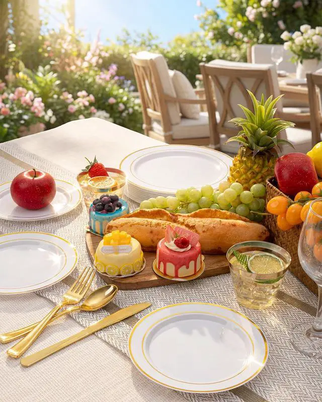 Alt view image 3 of 7 - 150PCS Gold Plastic Dinnerware Set Disposable - Heavy Duty Gold Plates Include 25 Dinner & 25 Dessert Plates,25 Forks,25 Knives,25 Spoons&25 Cups for Party&Wedding