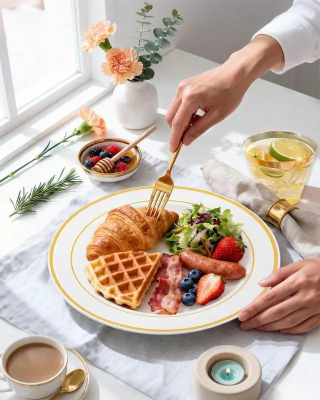 Alt view image 5 of 7 - 150PCS Gold Plastic Dinnerware Set Disposable - Heavy Duty Gold Plates Include 25 Dinner & 25 Dessert Plates,25 Forks,25 Knives,25 Spoons&25 Cups for Party&Wedding