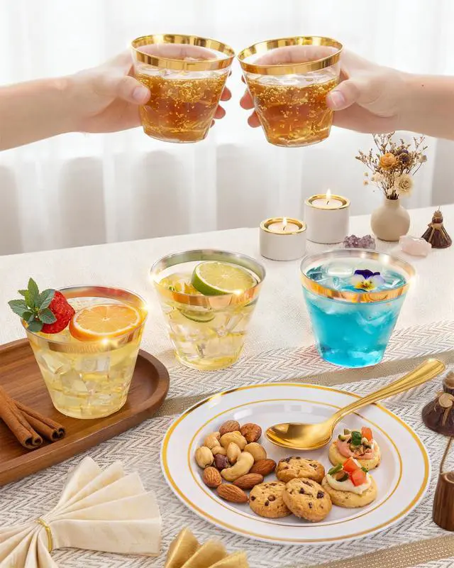Alt view image 6 of 7 - 150PCS Gold Plastic Dinnerware Set Disposable - Heavy Duty Gold Plates Include 25 Dinner & 25 Dessert Plates,25 Forks,25 Knives,25 Spoons&25 Cups for Party&Wedding