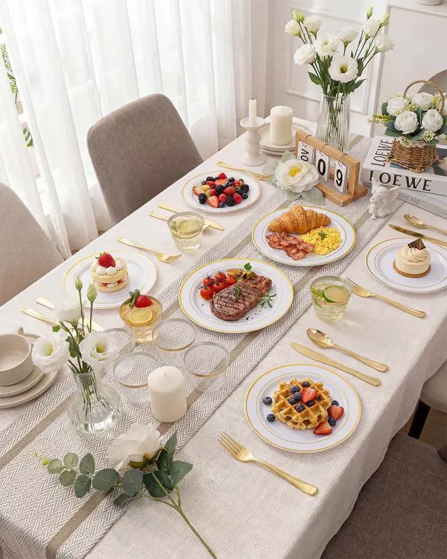 Alt view image 7 of 7 - 150PCS Gold Plastic Dinnerware Set Disposable - Heavy Duty Gold Plates Include 25 Dinner & 25 Dessert Plates,25 Forks,25 Knives,25 Spoons&25 Cups for Party&Wedding