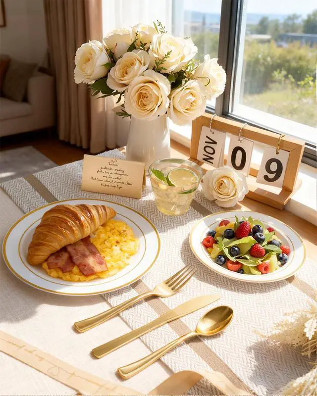 Alt view image 4 of 7 - 150PCS Gold Plastic Dinnerware Set Disposable - Heavy Duty Gold Plates Include 25 Dinner & 25 Dessert Plates,25 Forks,25 Knives,25 Spoons&25 Cups for Party&Wedding