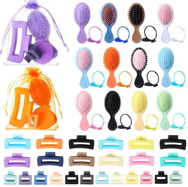 Main image of 60 Pcs Bulk Gifts for Women Bachelorette Spa Party Favors Include Mini Hair Brush Hair Claw Clips Small Compact Mirrors Bags Baby Shower Bridal Wedding Favor for Guest, 12 Sets