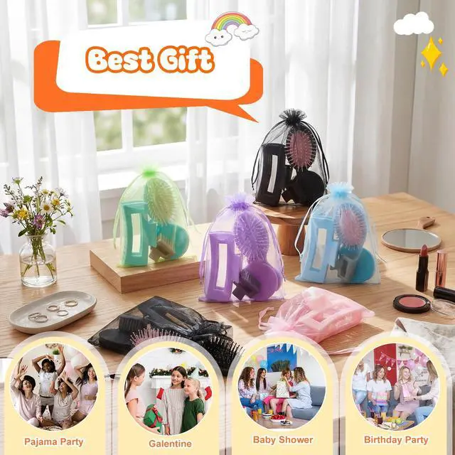 Alt view image 6 of 6 - 60 Pcs Bulk Gifts for Women Bachelorette Spa Party Favors Include Mini Hair Brush Hair Claw Clips Small Compact Mirrors Bags Baby Shower Bridal Wedding Favor for Guest, 12 Sets