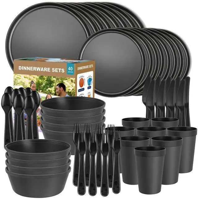 Main image of 40 Piece Plastic Dinnerware Set for 8 with Cutlery, Unbreakable Plates and Bowls Set, Dishwasher & Microwave Safe Reusable Dish Set for Camping, RV, Outdoor Kitchen, Apartment Dining, Black
