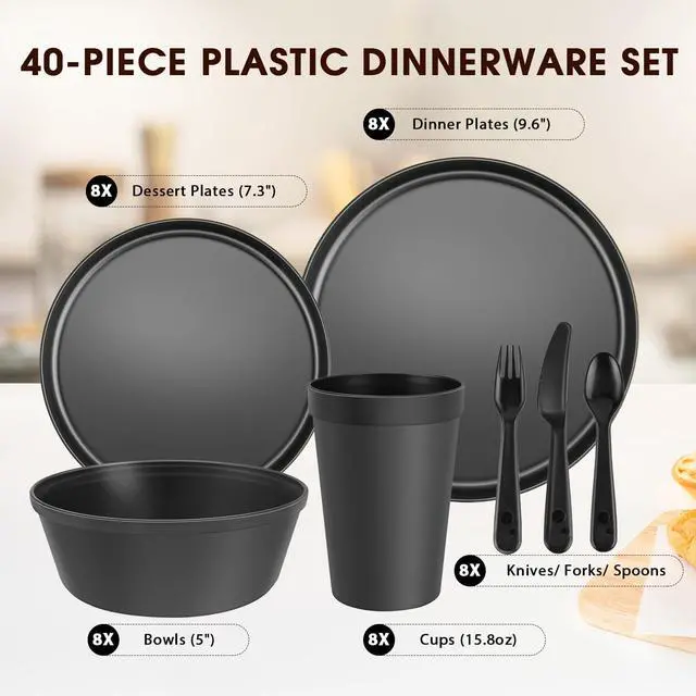 Alt view image 2 of 7 - 40 Piece Plastic Dinnerware Set for 8 with Cutlery, Unbreakable Plates and Bowls Set, Dishwasher & Microwave Safe Reusable Dish Set for Camping, RV, Outdoor Kitchen, Apartment Dining, Black