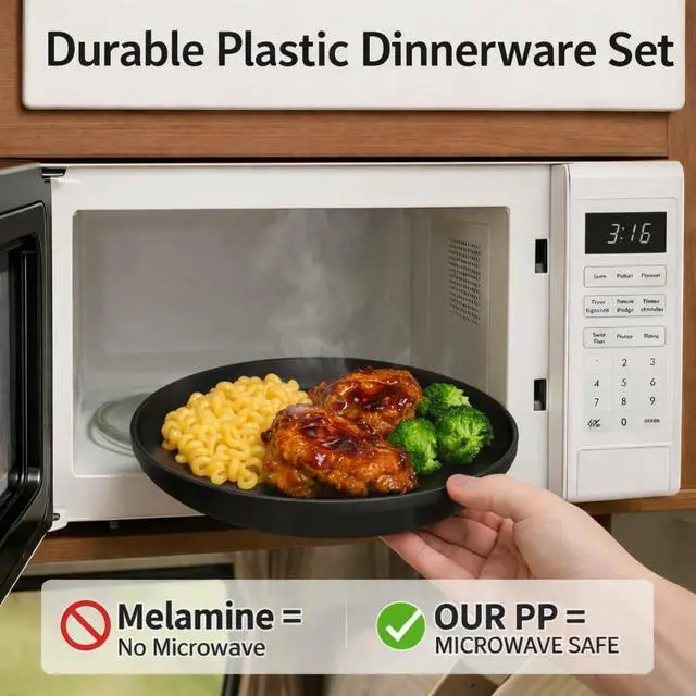 Alt view image 3 of 7 - 40 Piece Plastic Dinnerware Set for 8 with Cutlery, Unbreakable Plates and Bowls Set, Dishwasher & Microwave Safe Reusable Dish Set for Camping, RV, Outdoor Kitchen, Apartment Dining, Black