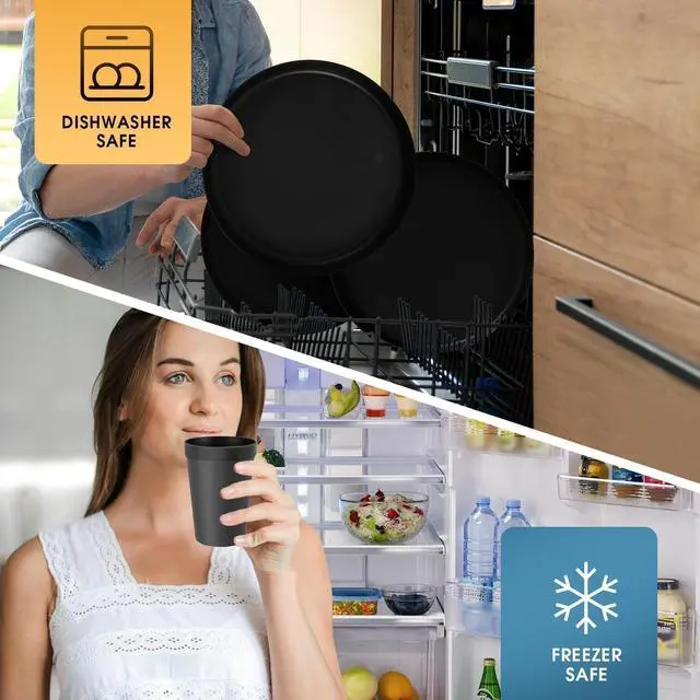 Alt view image 4 of 7 - 40 Piece Plastic Dinnerware Set for 8 with Cutlery, Unbreakable Plates and Bowls Set, Dishwasher & Microwave Safe Reusable Dish Set for Camping, RV, Outdoor Kitchen, Apartment Dining, Black
