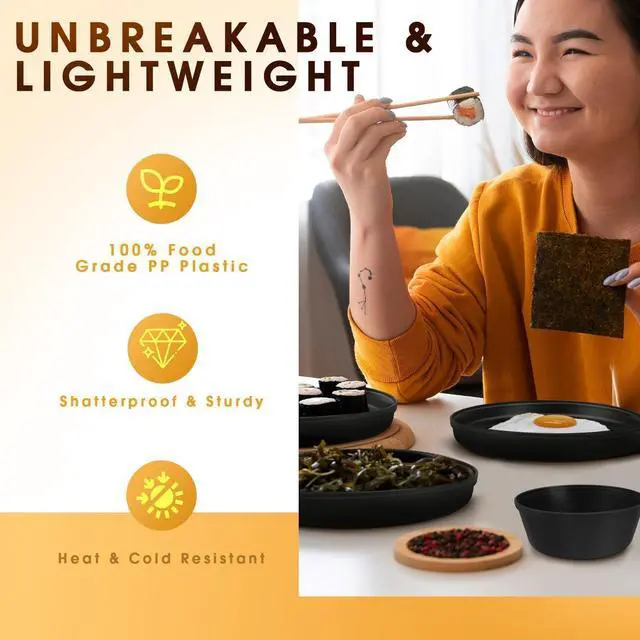 Alt view image 6 of 7 - 40 Piece Plastic Dinnerware Set for 8 with Cutlery, Unbreakable Plates and Bowls Set, Dishwasher & Microwave Safe Reusable Dish Set for Camping, RV, Outdoor Kitchen, Apartment Dining, Black