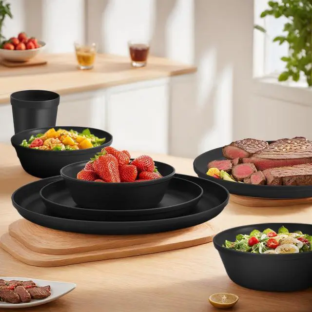 Alt view image 7 of 7 - 40 Piece Plastic Dinnerware Set for 8 with Cutlery, Unbreakable Plates and Bowls Set, Dishwasher & Microwave Safe Reusable Dish Set for Camping, RV, Outdoor Kitchen, Apartment Dining, Black