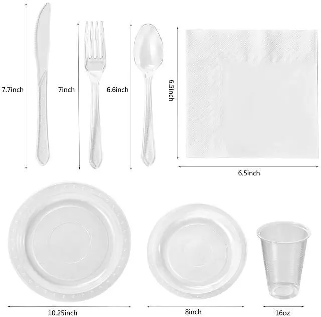Alt view image 2 of 6 - 175 PCS Clear Party Supplies Disposable Dinnerware Set Plastic Plates and Paper Napkins Cups Silverware Serve 25 Sets for Birthday Bridal Shower Wedding Engagement Graduation Parties