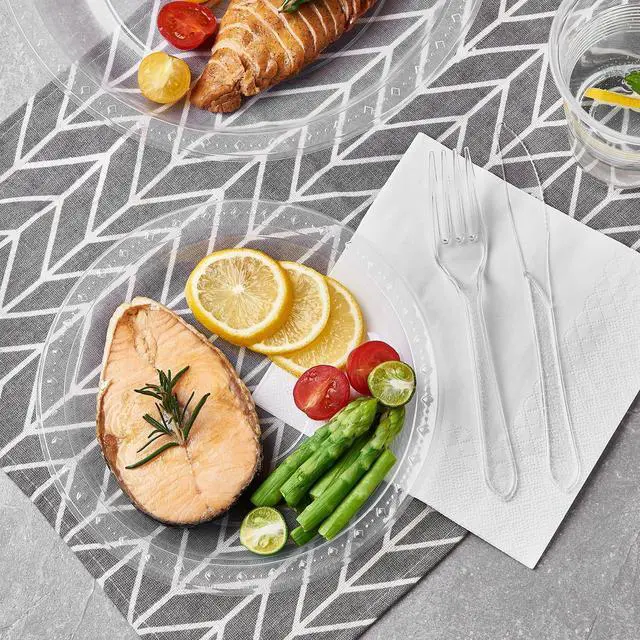 Alt view image 4 of 6 - 175 PCS Clear Party Supplies Disposable Dinnerware Set Plastic Plates and Paper Napkins Cups Silverware Serve 25 Sets for Birthday Bridal Shower Wedding Engagement Graduation Parties