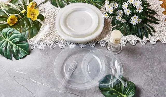 Alt view image 5 of 6 - 175 PCS Clear Party Supplies Disposable Dinnerware Set Plastic Plates and Paper Napkins Cups Silverware Serve 25 Sets for Birthday Bridal Shower Wedding Engagement Graduation Parties