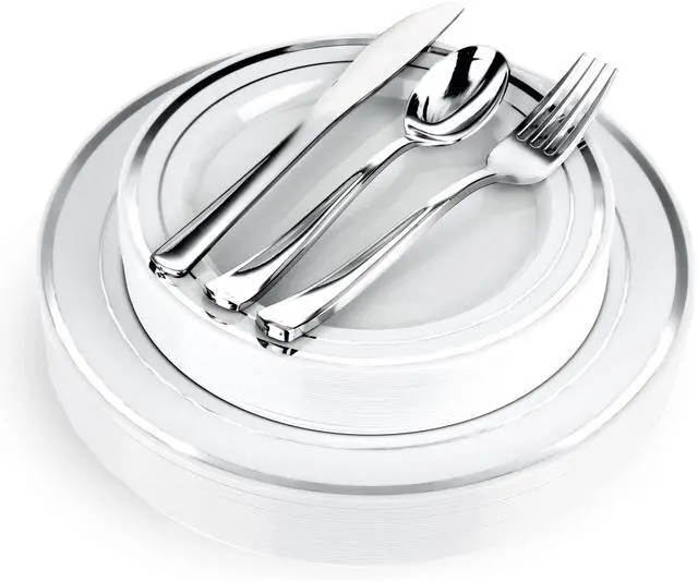 Main image of 125-Piece White and Silver Fancy Plastic Plates Disposable with Silverware, Elegant Dinnerware for Weddings, Holiday Party China, Set of 25 Dinner + Salad Plates, 25 Spoons, 25 Forks, 25 Knives