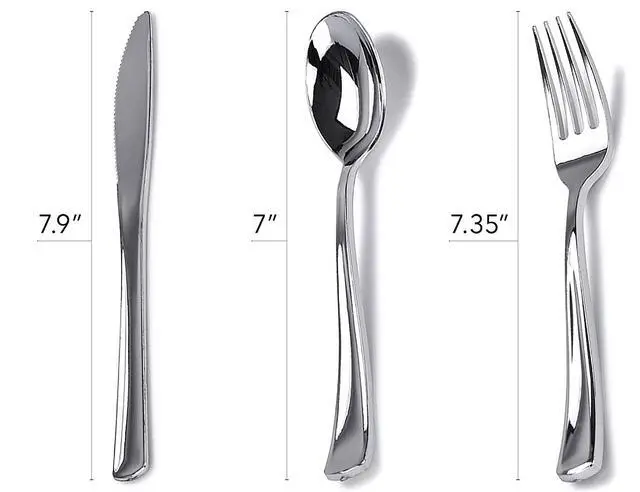 Alt view image 6 of 7 - 125-Piece White and Silver Fancy Plastic Plates Disposable with Silverware, Elegant Dinnerware for Weddings, Holiday Party China, Set of 25 Dinner + Salad Plates, 25 Spoons, 25 Forks, 25 Knives
