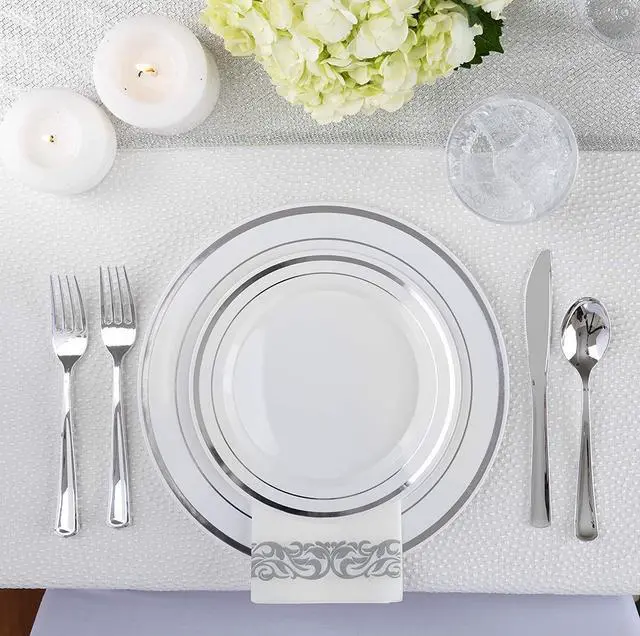 Alt view image 4 of 7 - 125-Piece White and Silver Fancy Plastic Plates Disposable with Silverware, Elegant Dinnerware for Weddings, Holiday Party China, Set of 25 Dinner + Salad Plates, 25 Spoons, 25 Forks, 25 Knives