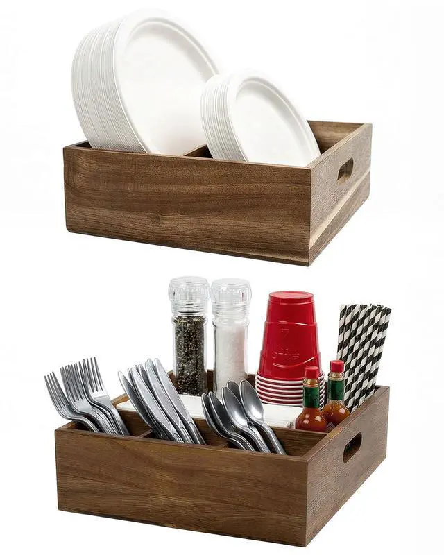 Main image of Acacia Wood Utensil Holder for Party -Nested Set of 2(Large 11" x 9.5" Plate Holder & Small 10" x 9" Utensil Caddy) Silverware Caddy for Countertop - Holds Plates, Napkins, Cups, Spoons, Forks