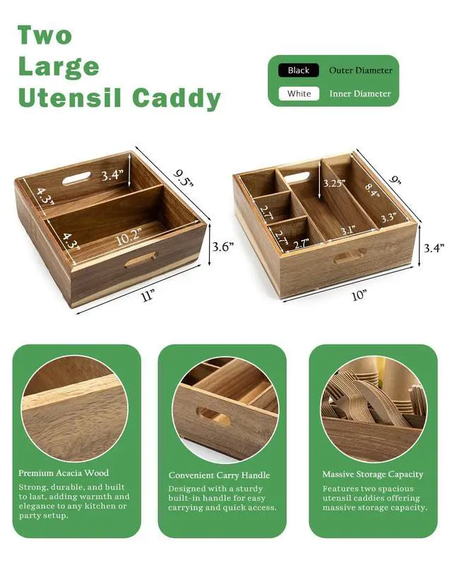 Alt view image 2 of 7 - Acacia Wood Utensil Holder for Party -Nested Set of 2(Large 11" x 9.5" Plate Holder & Small 10" x 9" Utensil Caddy) Silverware Caddy for Countertop - Holds Plates, Napkins, Cups, Spoons, Forks