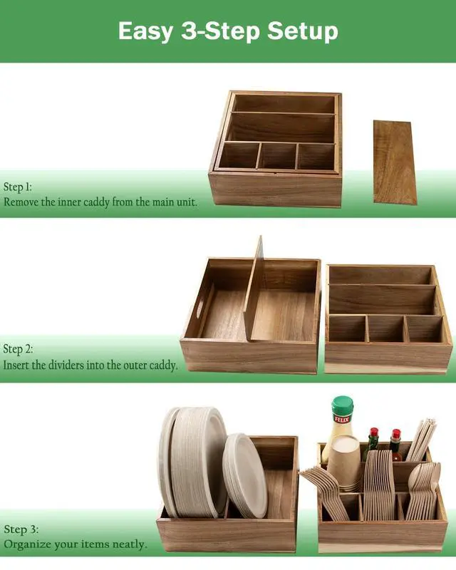 Alt view image 3 of 7 - Acacia Wood Utensil Holder for Party -Nested Set of 2(Large 11" x 9.5" Plate Holder & Small 10" x 9" Utensil Caddy) Silverware Caddy for Countertop - Holds Plates, Napkins, Cups, Spoons, Forks