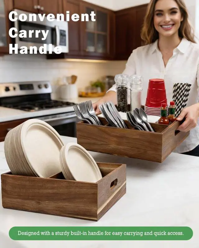 Alt view image 5 of 7 - Acacia Wood Utensil Holder for Party -Nested Set of 2(Large 11" x 9.5" Plate Holder & Small 10" x 9" Utensil Caddy) Silverware Caddy for Countertop - Holds Plates, Napkins, Cups, Spoons, Forks