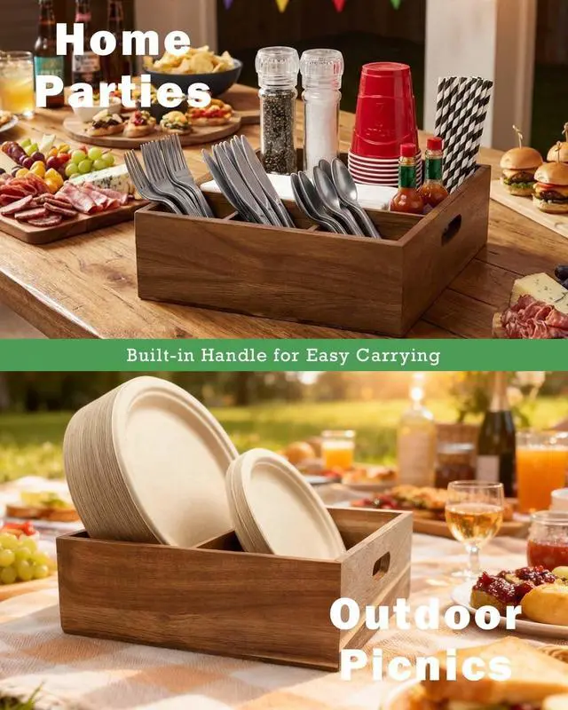 Alt view image 6 of 7 - Acacia Wood Utensil Holder for Party -Nested Set of 2(Large 11" x 9.5" Plate Holder & Small 10" x 9" Utensil Caddy) Silverware Caddy for Countertop - Holds Plates, Napkins, Cups, Spoons, Forks