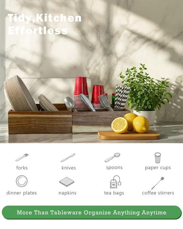 Alt view image 4 of 7 - Acacia Wood Utensil Holder for Party -Nested Set of 2(Large 11" x 9.5" Plate Holder & Small 10" x 9" Utensil Caddy) Silverware Caddy for Countertop - Holds Plates, Napkins, Cups, Spoons, Forks