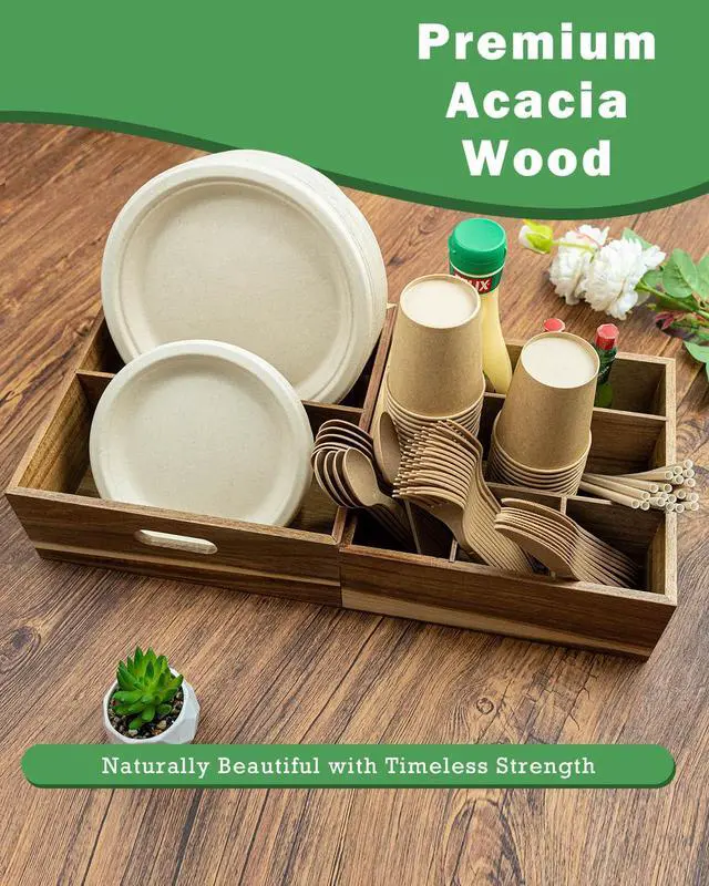 Alt view image 7 of 7 - Acacia Wood Utensil Holder for Party -Nested Set of 2(Large 11" x 9.5" Plate Holder & Small 10" x 9" Utensil Caddy) Silverware Caddy for Countertop - Holds Plates, Napkins, Cups, Spoons, Forks