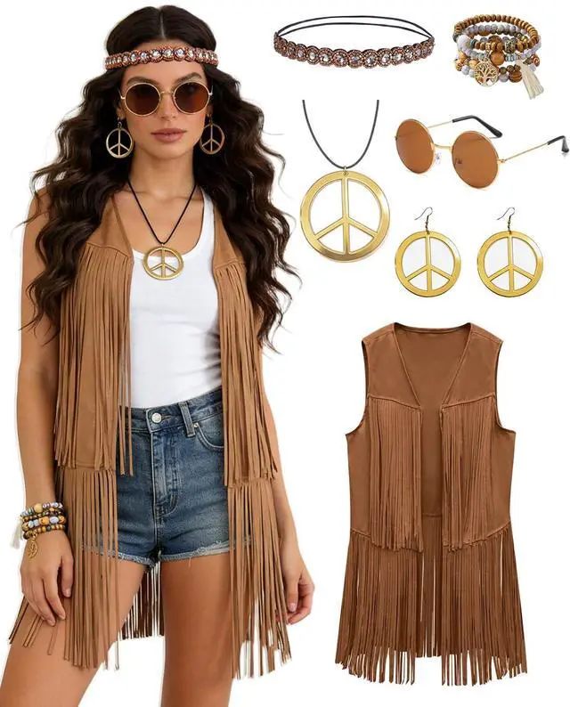 Main image of 60s 70s Outfit for Women Hippie Costume Clothes Fringe Vest with Hippie Accessories Boho Headband for Disco Party Halloween Brown L