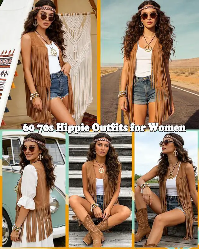 Alt view image 2 of 6 - 60s 70s Outfit for Women Hippie Costume Clothes Fringe Vest with Hippie Accessories Boho Headband for Disco Party Halloween Brown L